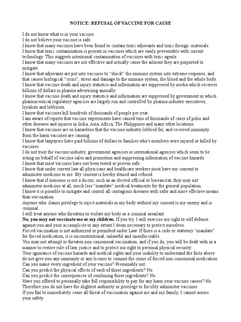 Notice: Refusal of Vaccine For Cause | PDF | Vaccines | Pharmaceutical ...