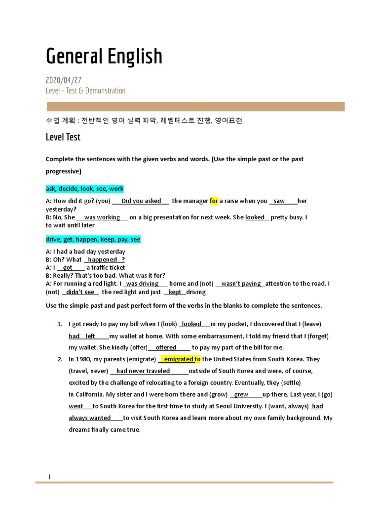 English Level Test and Exercises | PDF | Linguistic Typology ...