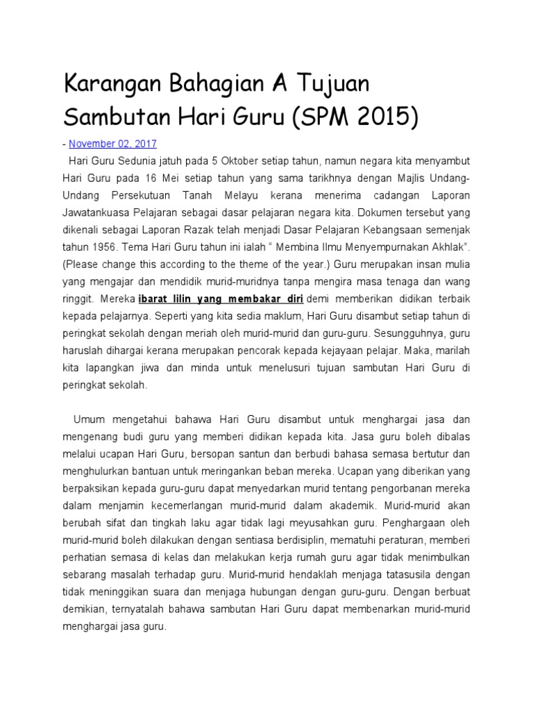Karangan Bahagian A Tujuan Sambutan Hari Guru | PDF