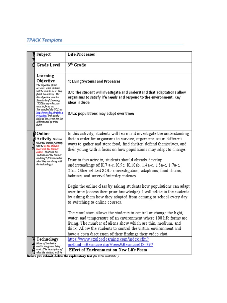 Tpack Template Onlinelifeprocesses | PDF | Educational Technology ...