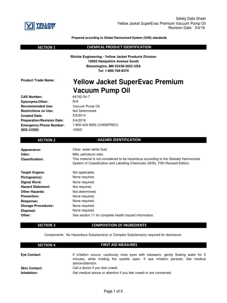Yellow Jacket SuperEvac Premium Vacuum Pump Oil PDF Combustion Fires