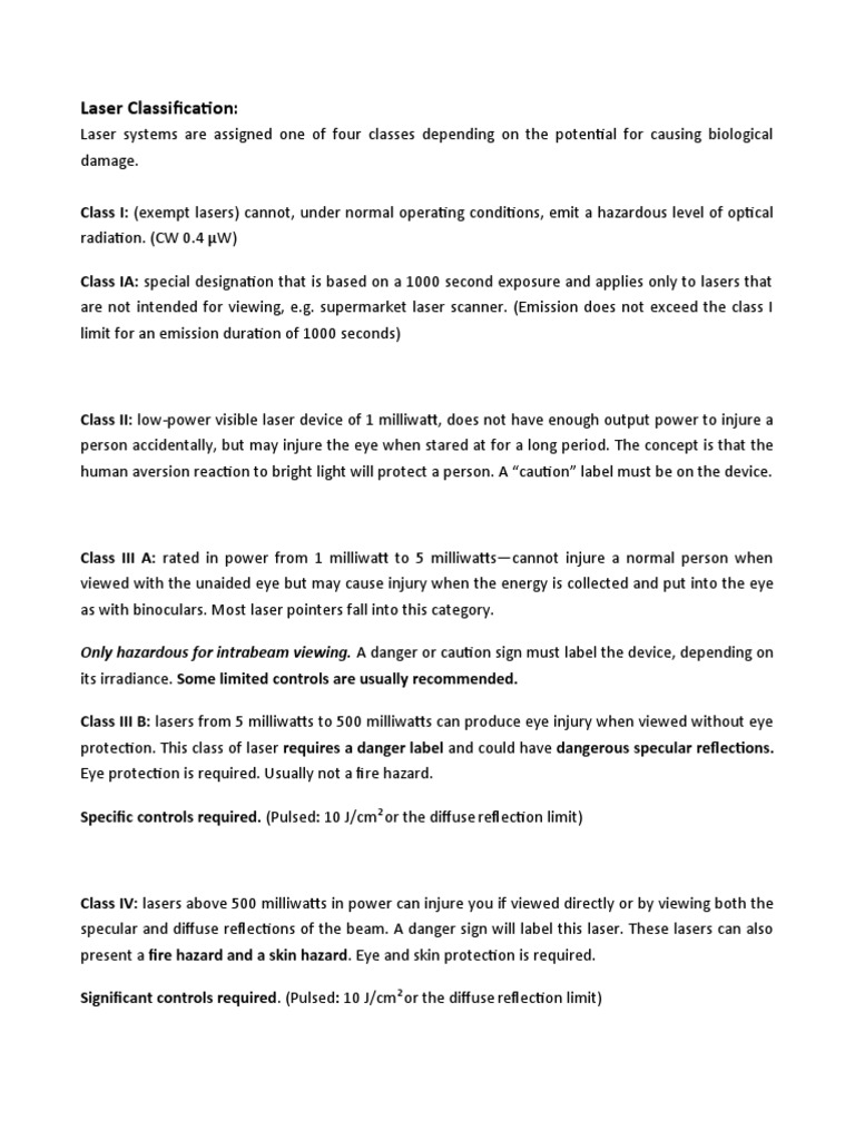 Laser Classification PDF Laser Radiation