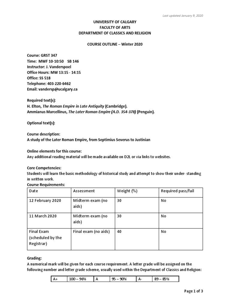 GRST 347 Course Outline Winter 2020 | PDF | Academic Dishonesty | Syllabus