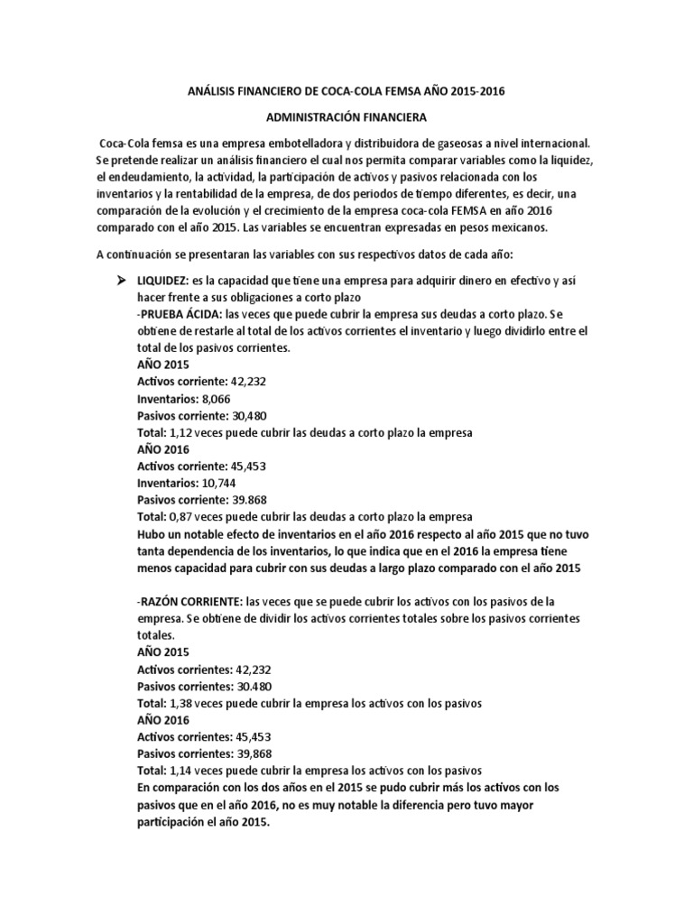 Análisis Financiero de Coca Cola PDF Liquidez de mercado Deuda
