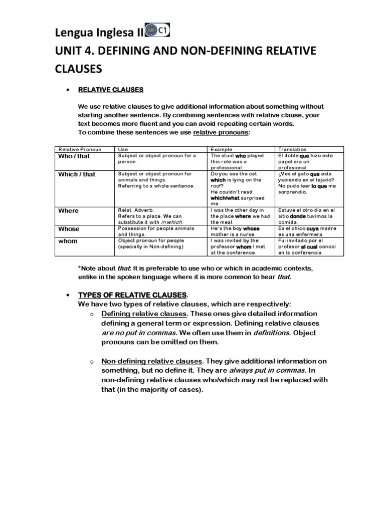 Defining and Non-Defining Relative Clauses - Unit 4 c1 | PDF | Pronoun ...
