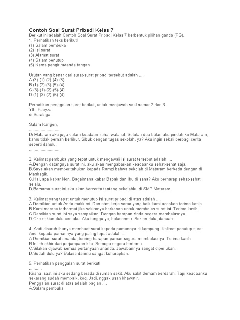 Contoh Soal Surat Pribadi Kelas 7 | PDF
