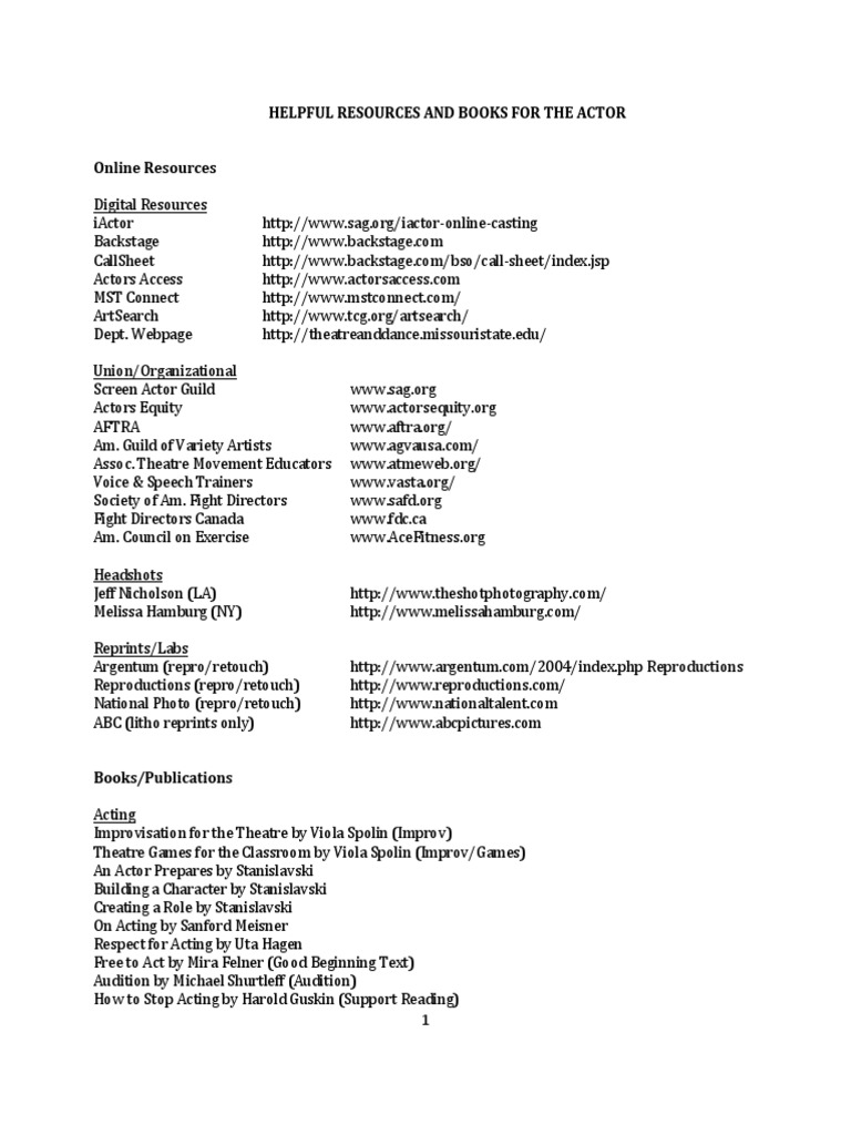 Helpful Resources and Books For The Actor | PDF