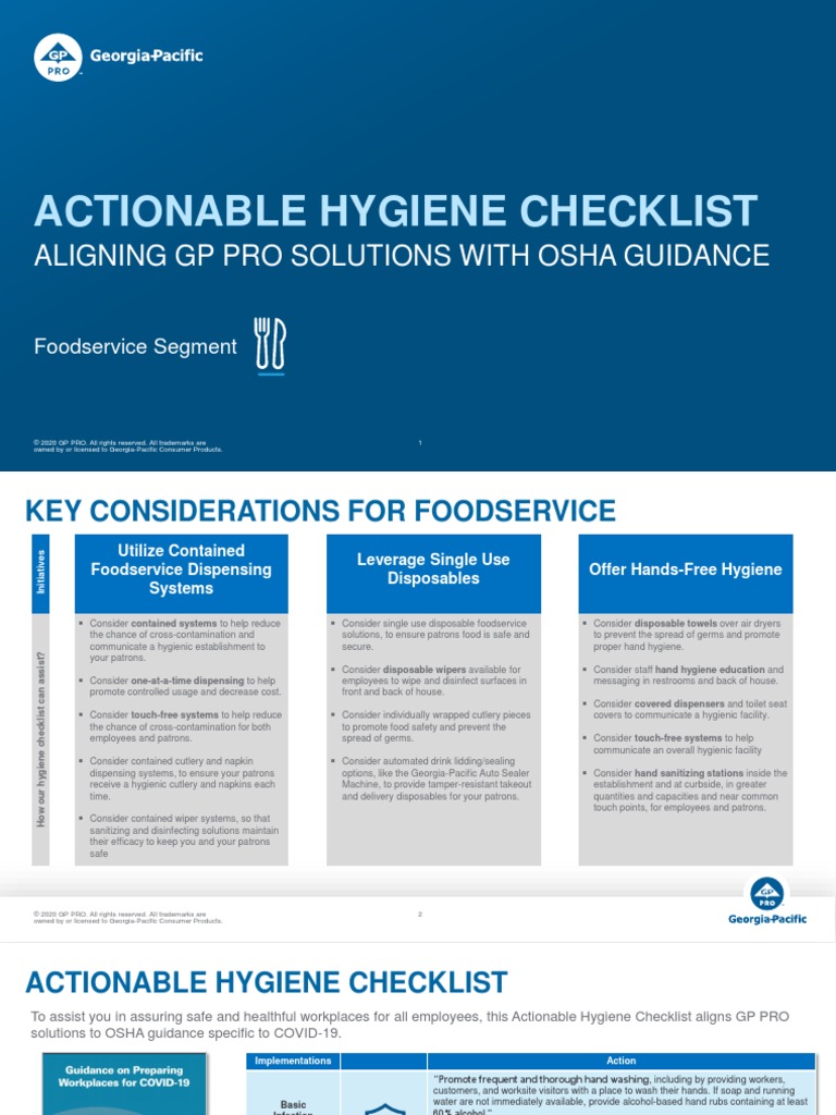 GP PRO Foodservice Actionable Hygiene Checklist | PDF | Hand Washing ...