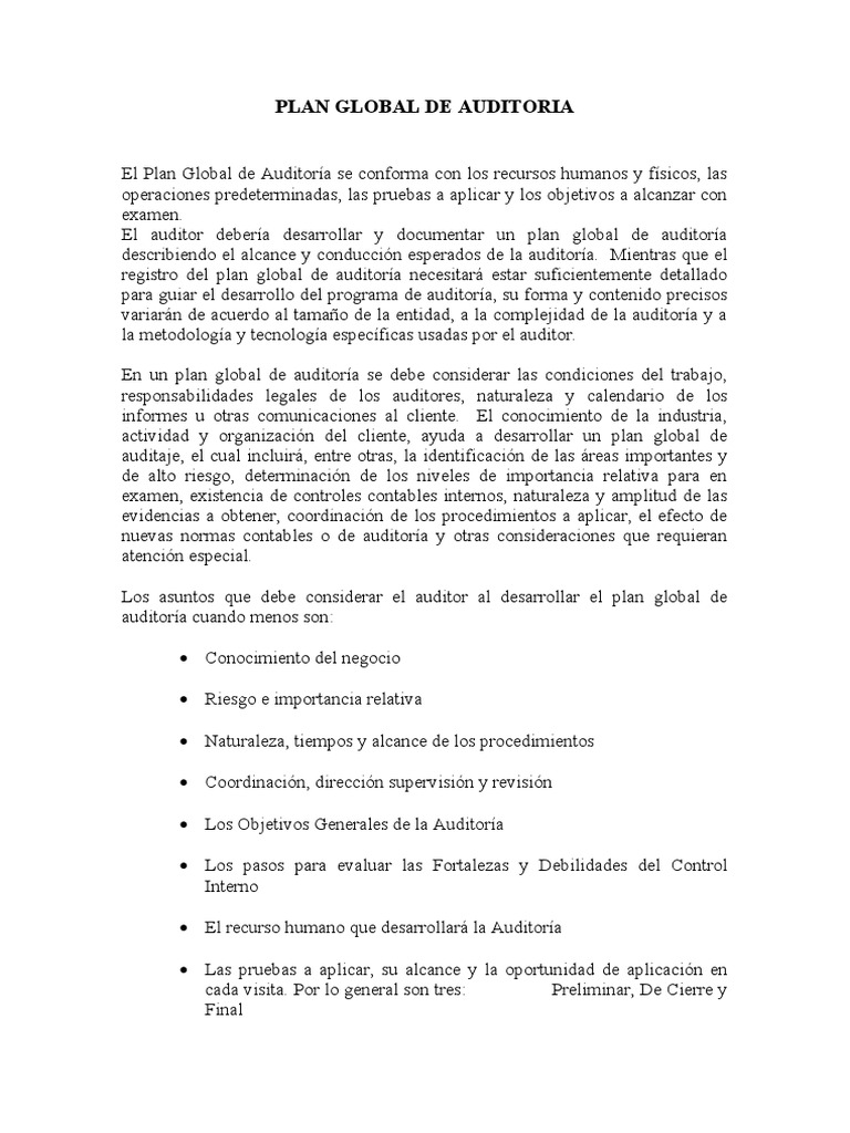 Plan Global de Auditoria | PDF | Auditoría | Contralor