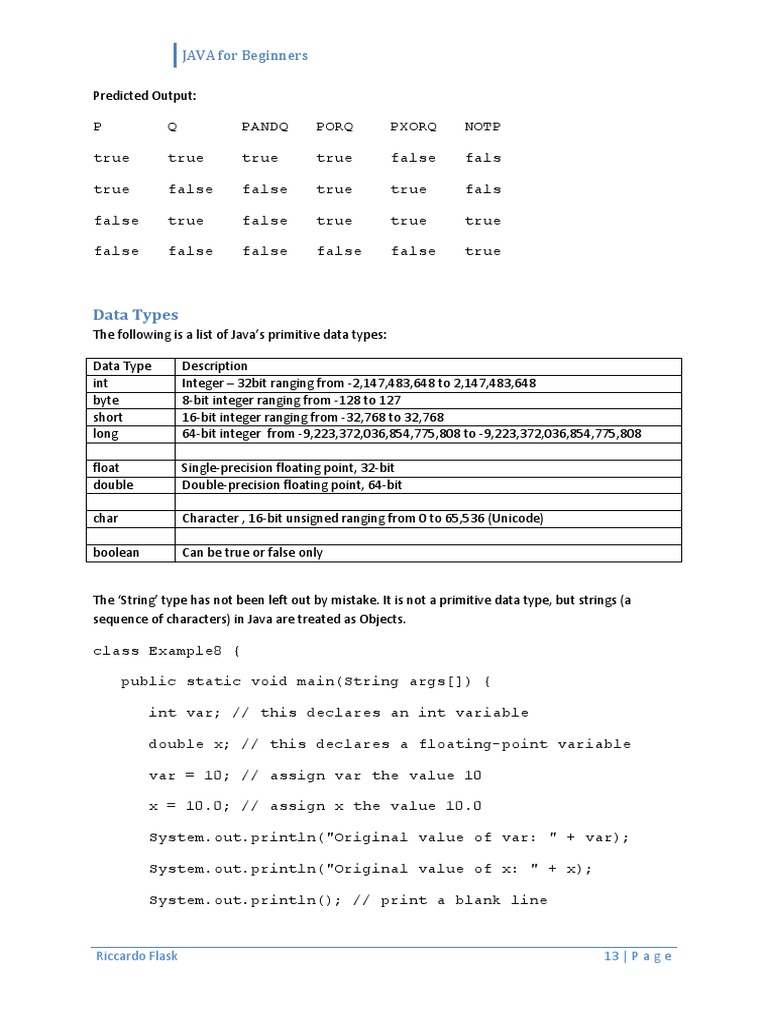 Data Types: JAVA For Beginners | PDF | Data Type | Integer (Computer ...