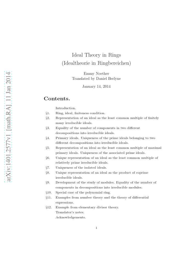 Ideal Theory in Rings (Idealtheorie in Ringbereichen) Emmy Noether