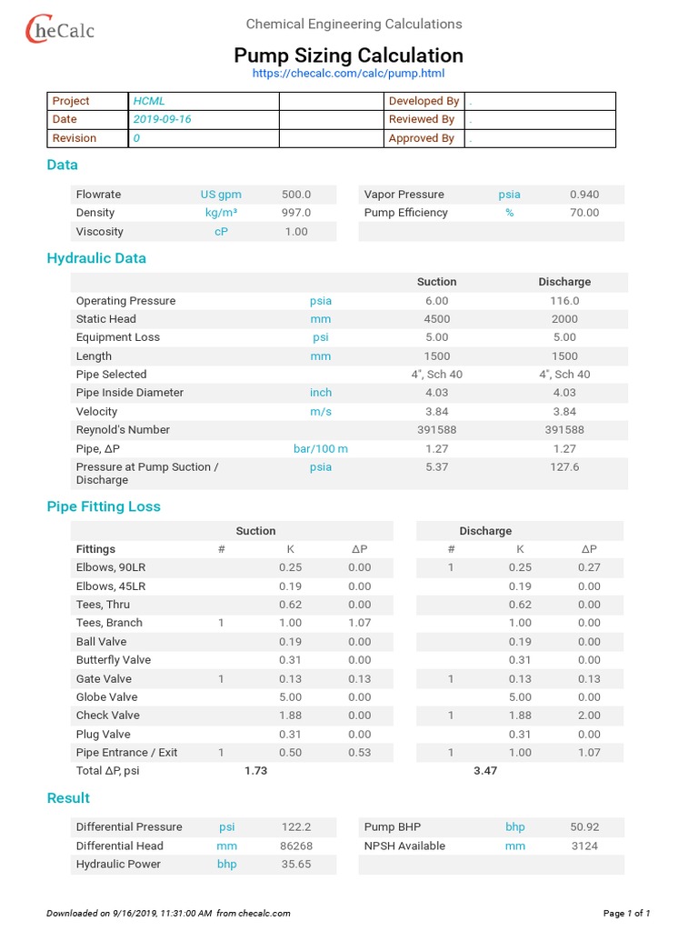 Pump Calc | PDF | Pump | Continuum Mechanics