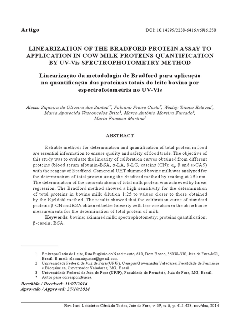 Linearization of The Bradford Protein Assay To Application in Cow Milk Proteins Quantification