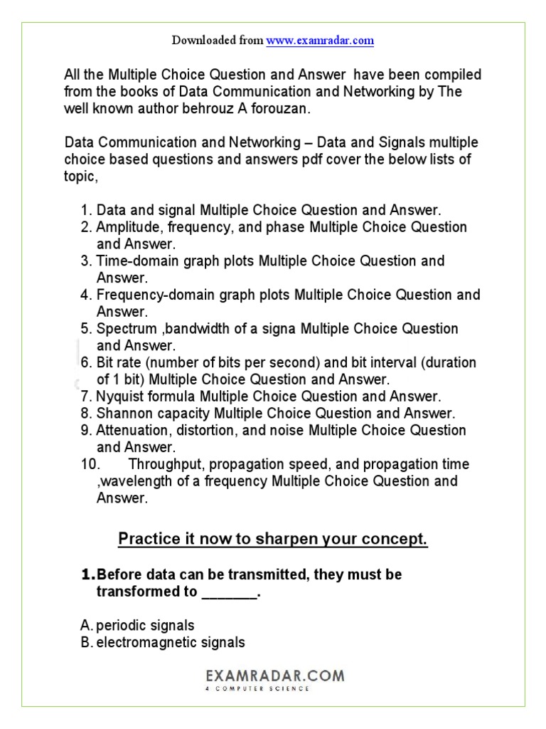 CH 3 Data and Signals Multiple Choice Questions and Answers MCQ PDF