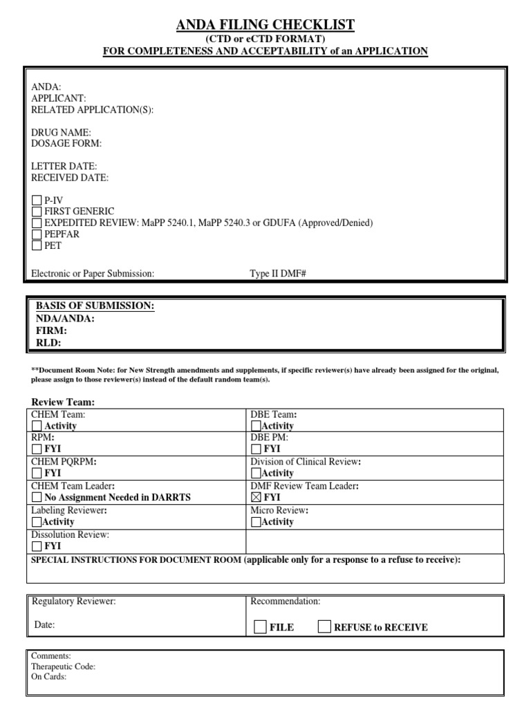 ANDA Filing Checklist for eCTD Submission | PDF | Pharmaceutical ...