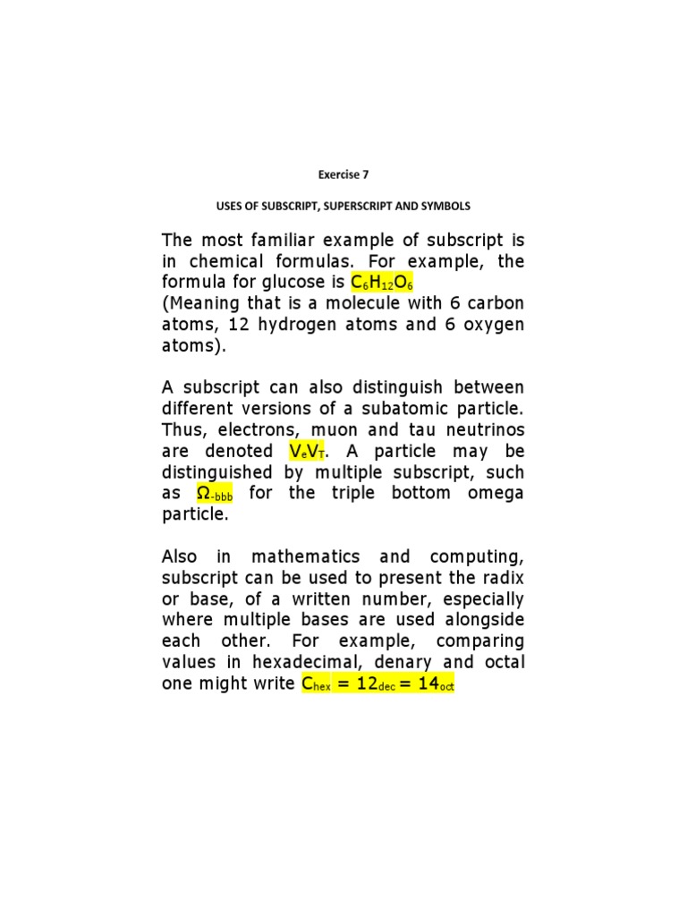 Exercise 7 Uses of Subscript, Superscript and Symbols | PDF