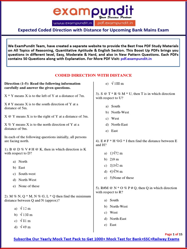Expected Coded Direction With Distance Questions For Sbi Clerk Mains ...