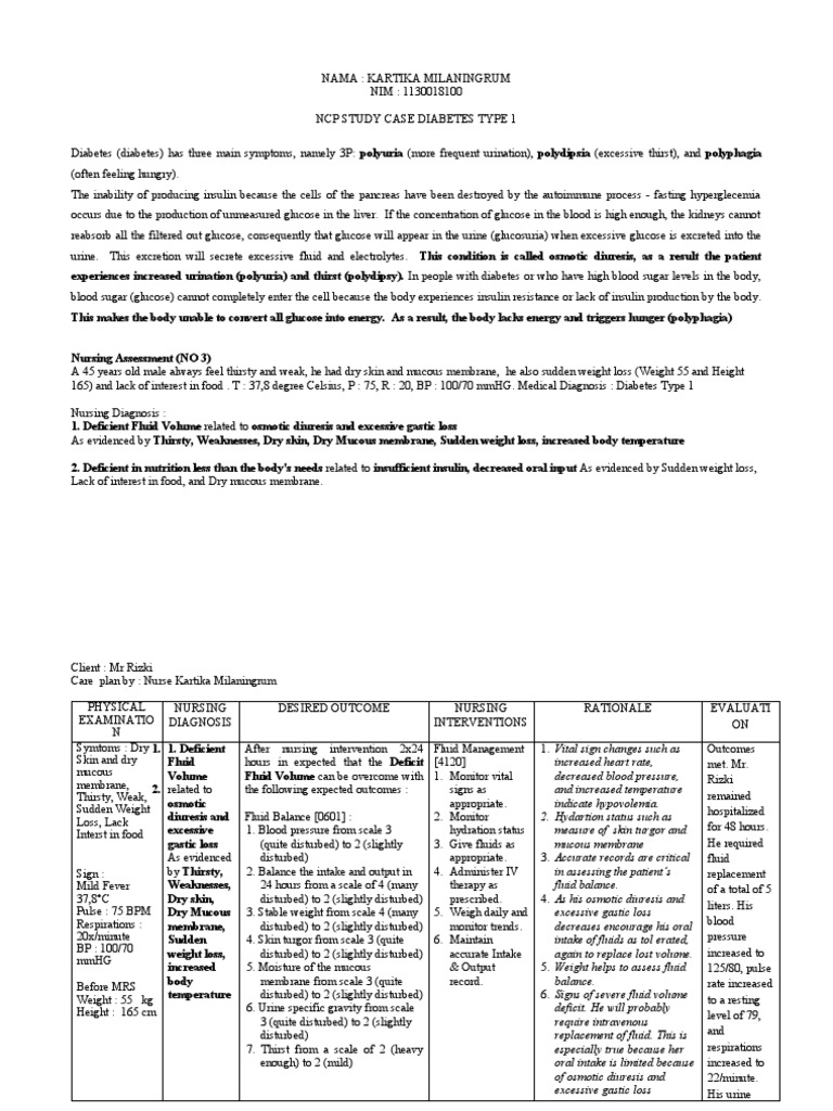 Nursing Care Plan for Type 1 Diabetes | PDF | Diabetes | Dehydration