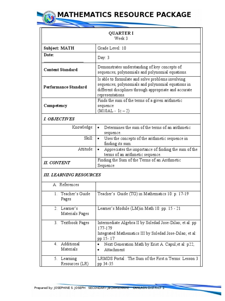 DLLDLP WITH WORKSHEET-day 3 | PDF | Teaching Mathematics | Summation