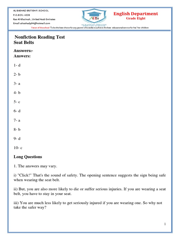 Nonfiction Reading Test Seat Belts AnswersAnswers PDF