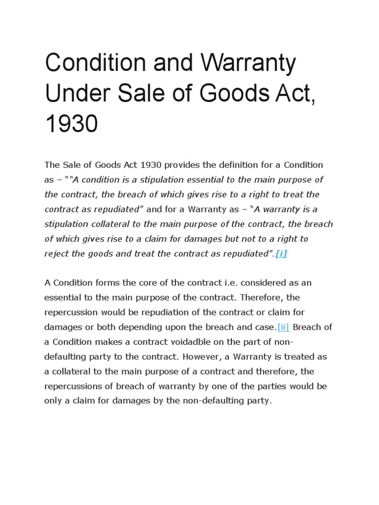 Condition and Warranty Under Sale of Goods Act PDF Breach Of Contract Implied Warranty
