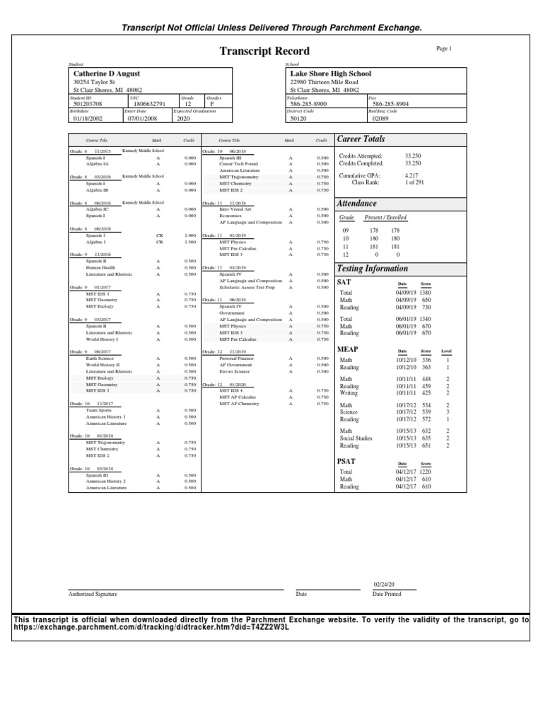 Transcript Record Transcript Not Official Unless Delivered Through Parchment Exchange PDF