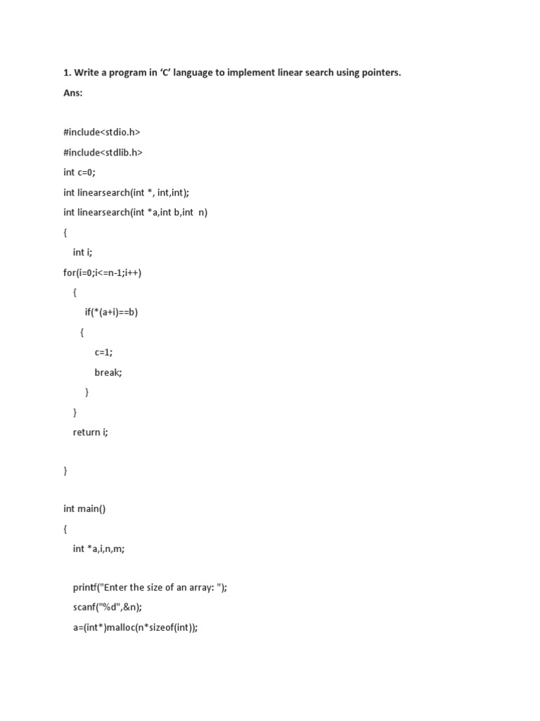 Write A Program in C' Language To Implement Linear Search Using ...