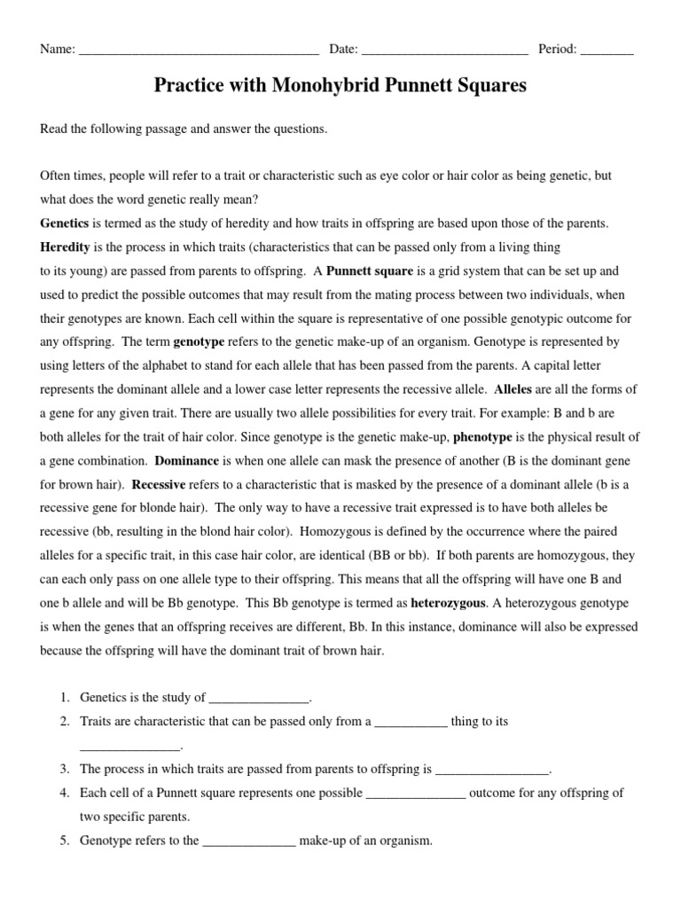 Monohybrid Practice Dominance Genetics Genotype