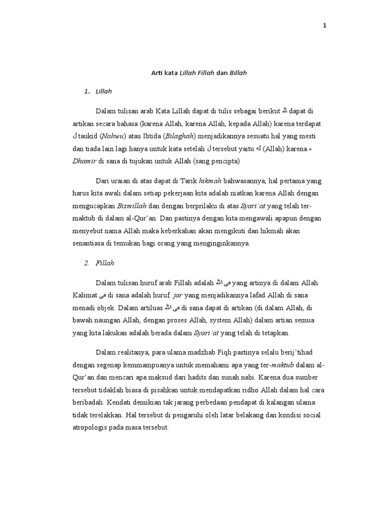 Arti Kata Lillah Fillah Dan Billah Pdf