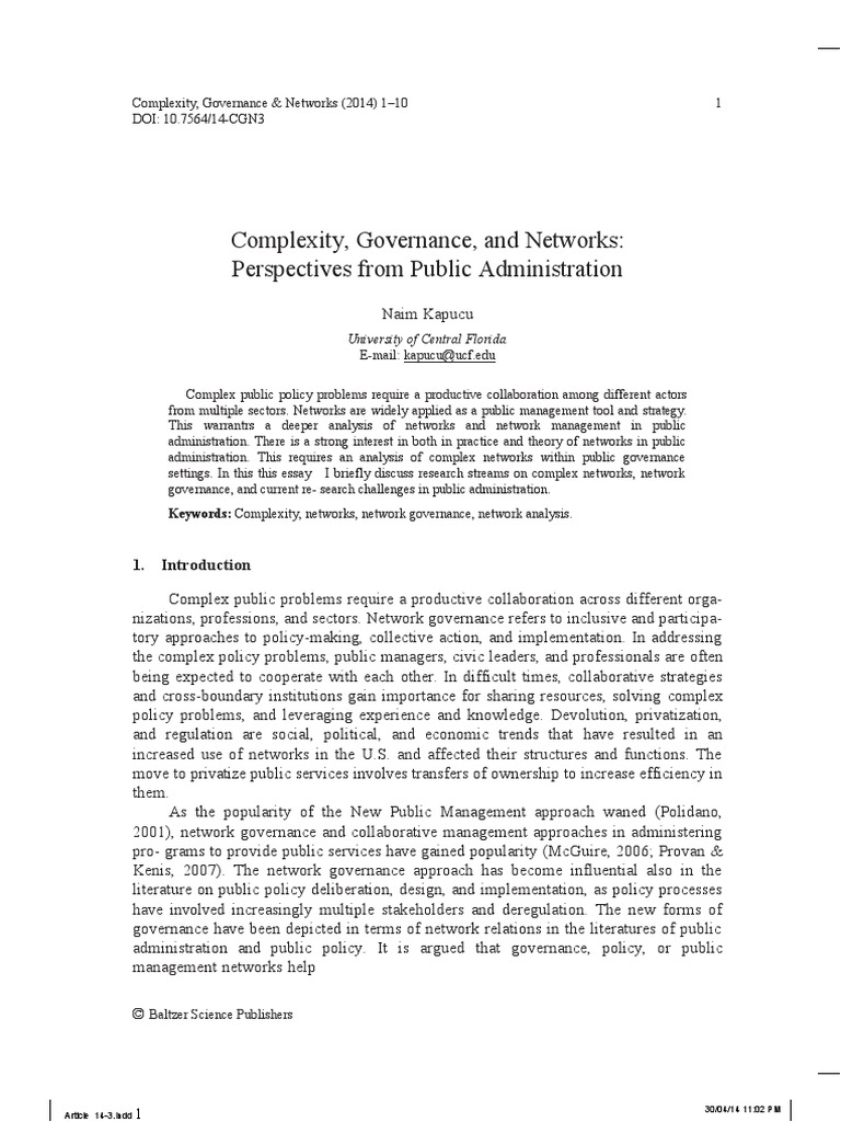Complexity, Governance, and Networks: Perspectives From Public ...