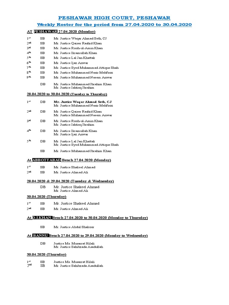 Peshawar High Court, Peshawar Weekly Roster For The Period From 27.04.