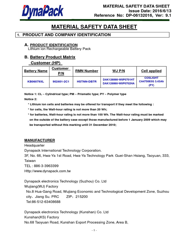 Lithium Ion Battery Safety Data Sheet | PDF | Dangerous Goods | Materials