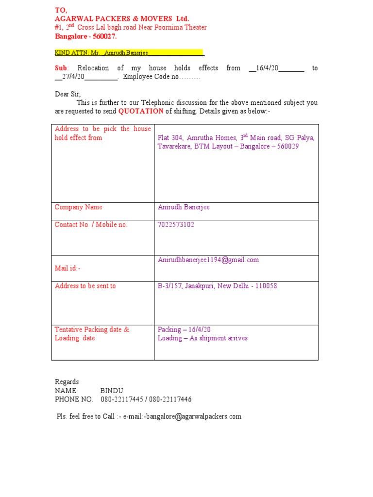 Request for House Relocation Quotation | PDF | Home | Manufactured Goods