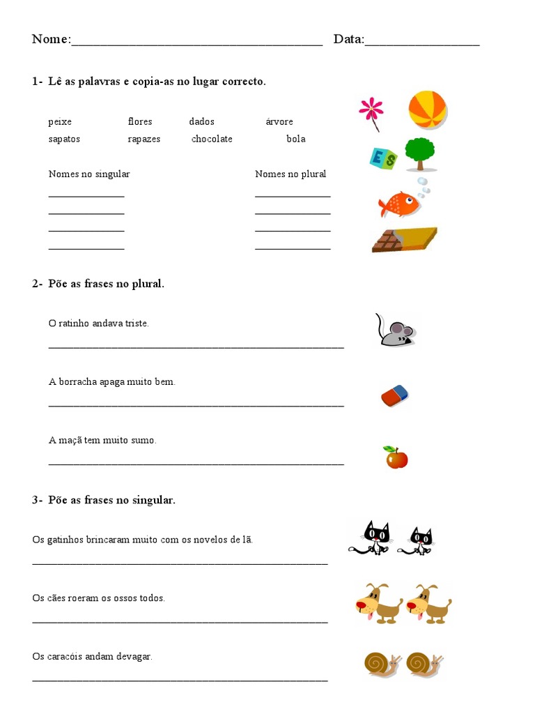Exercícios de plural e singular com nomes e frases | PDF