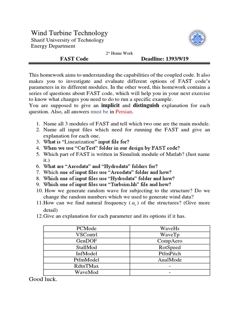Wind Turbine Technology: FAST Code Deadline: 1393/9/19 | PDF | Teaching ...