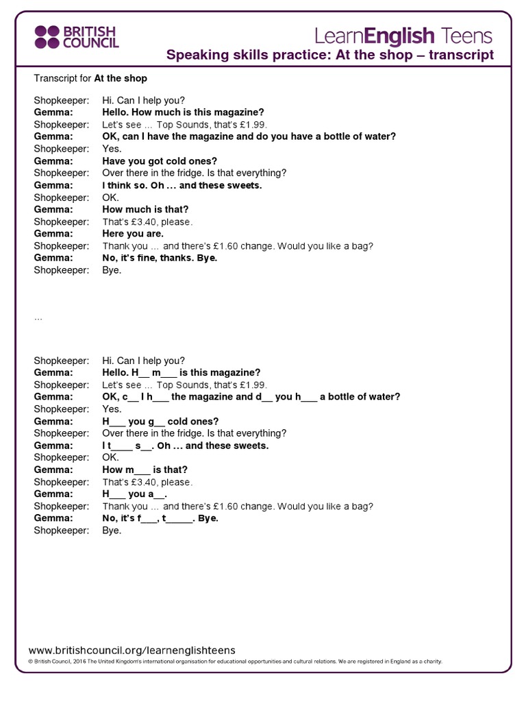 Speaking Skills Practice: at The Shop - Transcript | PDF