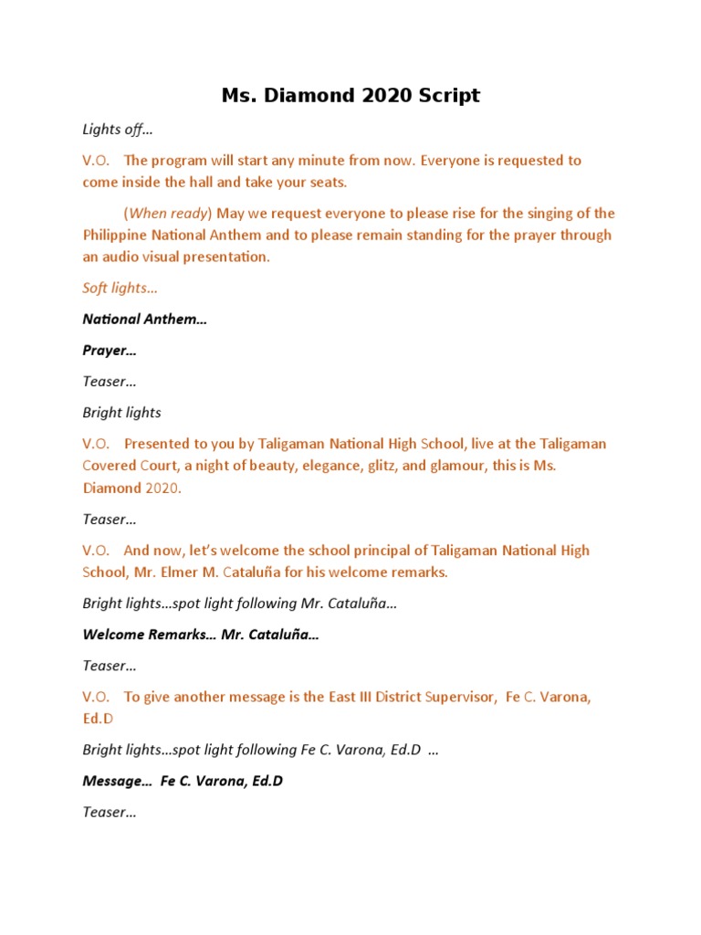 Ms. Diamond 2020 Pageant Script | PDF | Sports & Recreation | Home & Garden