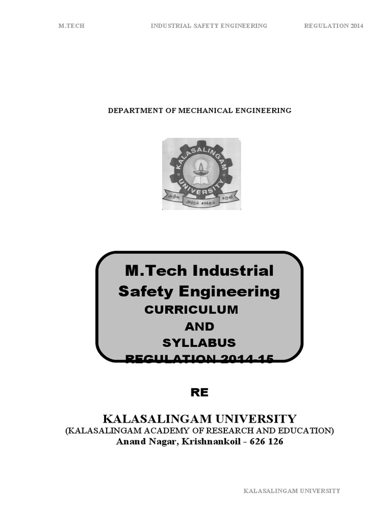 M.Tech Industrial Safety Engineering Curriculum and Syllabus Regulation