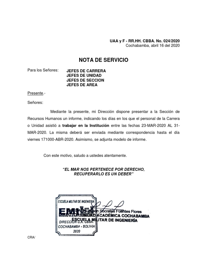 Nota de Servicio Recursos Humanos 2020 | PDF | Negocios | Finanzas y dinero