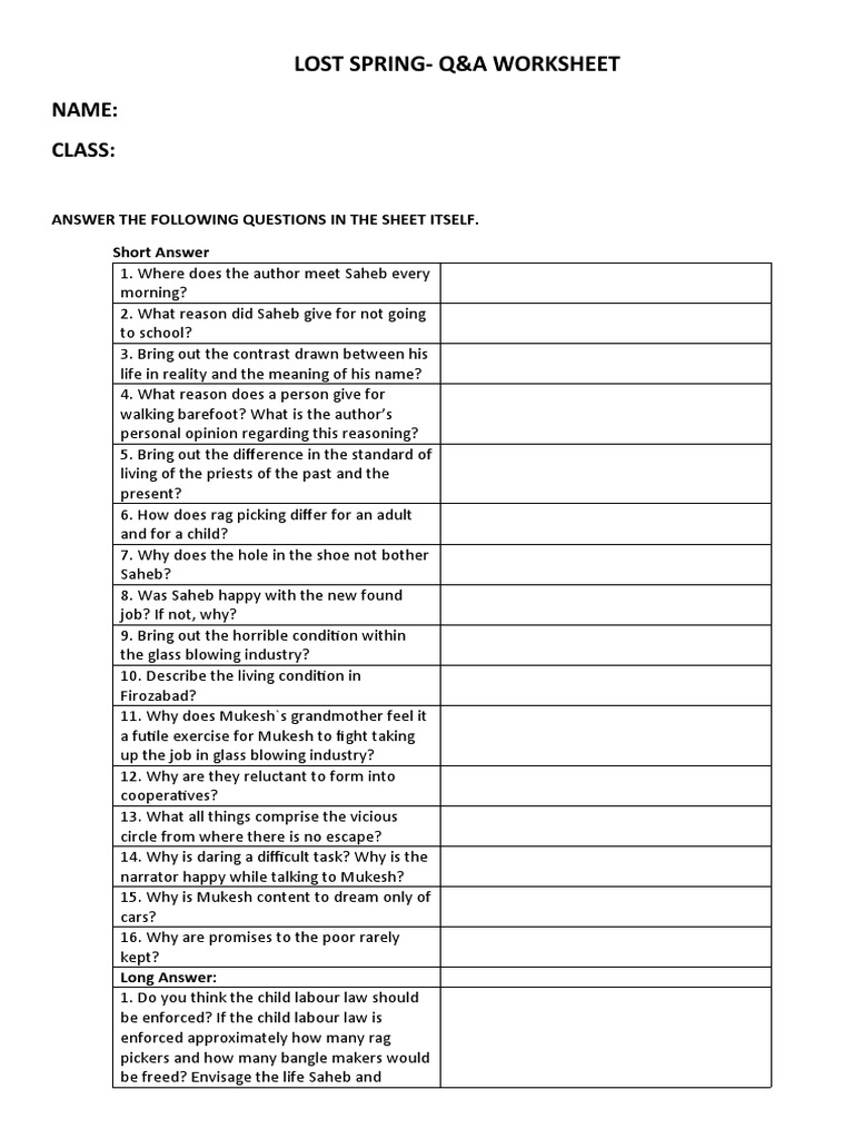 Lost Spring - Q&a Worksheet | PDF | Language Arts & Discipline | Self ...