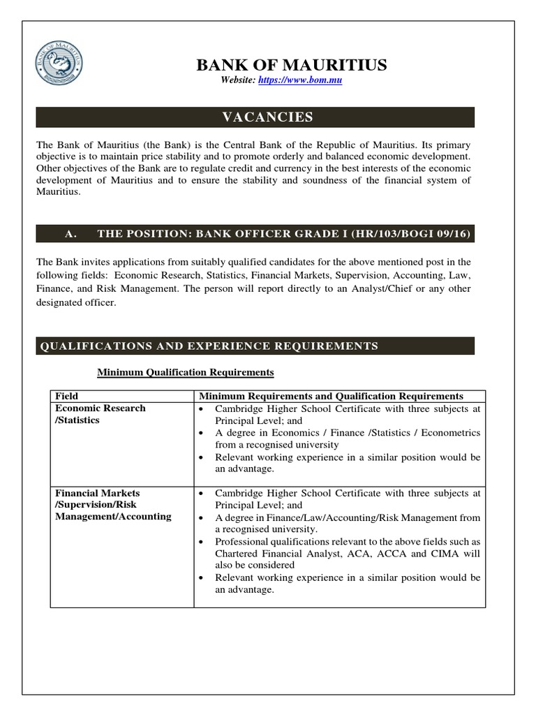 Bank of Mauritius Vacancies Download Free PDF Professional