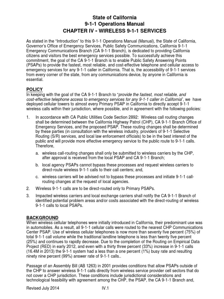 State of California 9-1-1 Operations Manual Wireless 9-1-1 Services ...