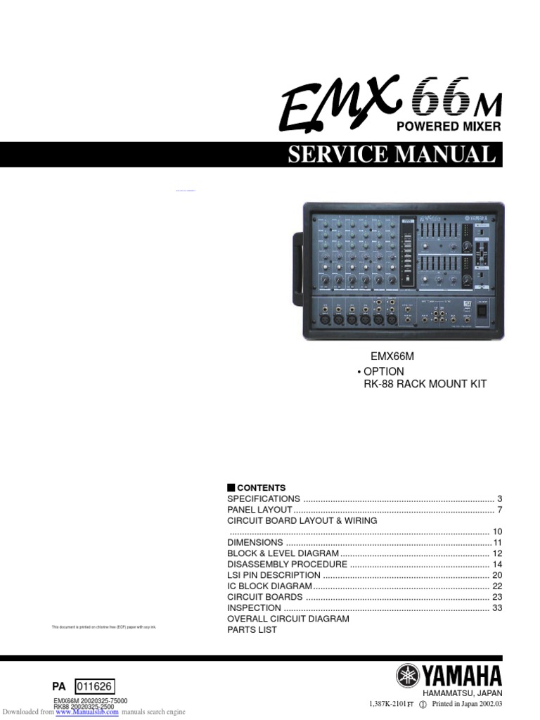 Service Manual for the Yamaha EMX66M Power Amplifier Provides
