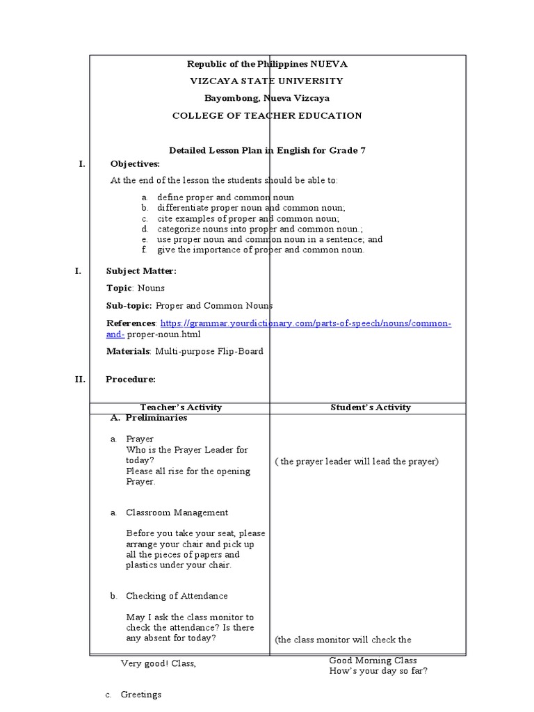 Detailed Lesson Plan on Nouns for Grade 7 | PDF | Noun | Lesson Plan