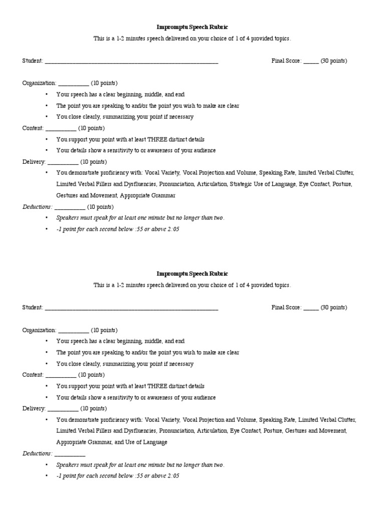 Impromptu Speech Evaluation Rubric | PDF