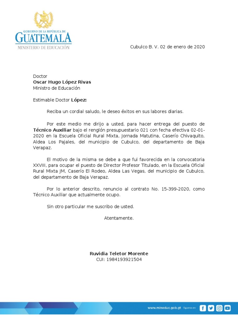Modelo Carta De Entrega De Cargo Ascenso O Permuta Guatemala