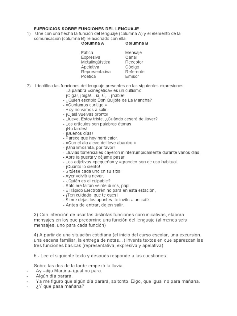 EJERCICIOS SOBRE FUNCIONES DEL LENGUAJE para Nivelar | PDF ...