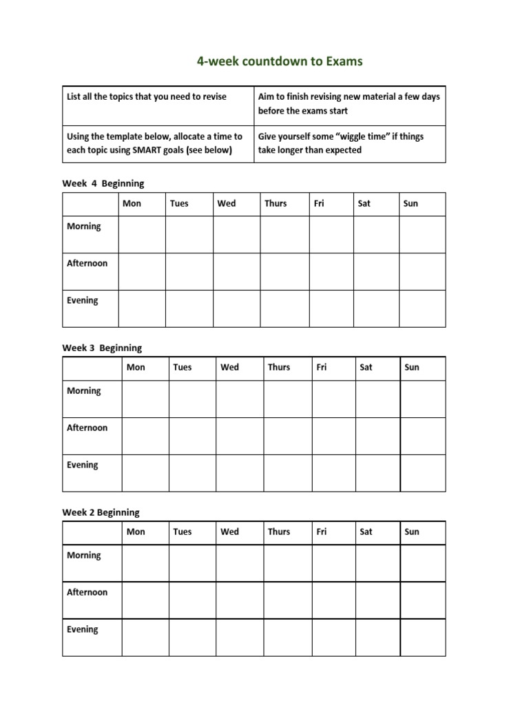 4-Week Countdown To Exams PDF | PDF | Goal | Action (Philosophy)