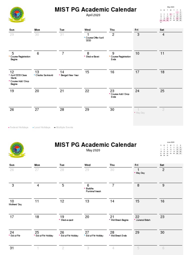 MIST PG CALENDAR April 2020 To March 2021 | PDF