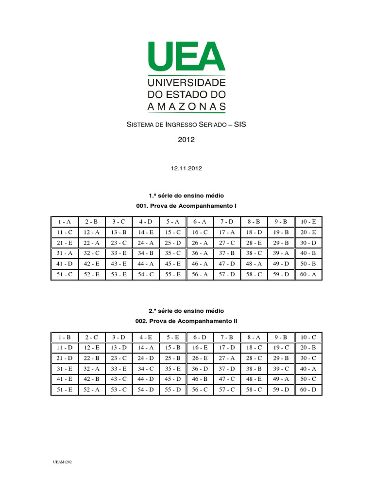 Gabarito SIS 2012 para Provas do Ensino Médio | PDF